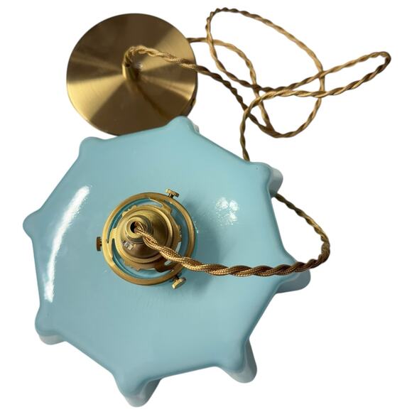 Retro Milk Glass Ceiling Pendant Light Draped Flower Gold Cord Blue Shade - Picture 5 of 11